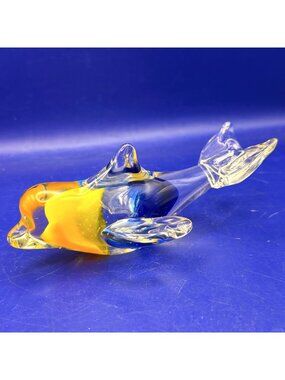 Art Glass Dolphin Figurine Blue Yellow Glass Paperweight Nautical Home Décor 6"